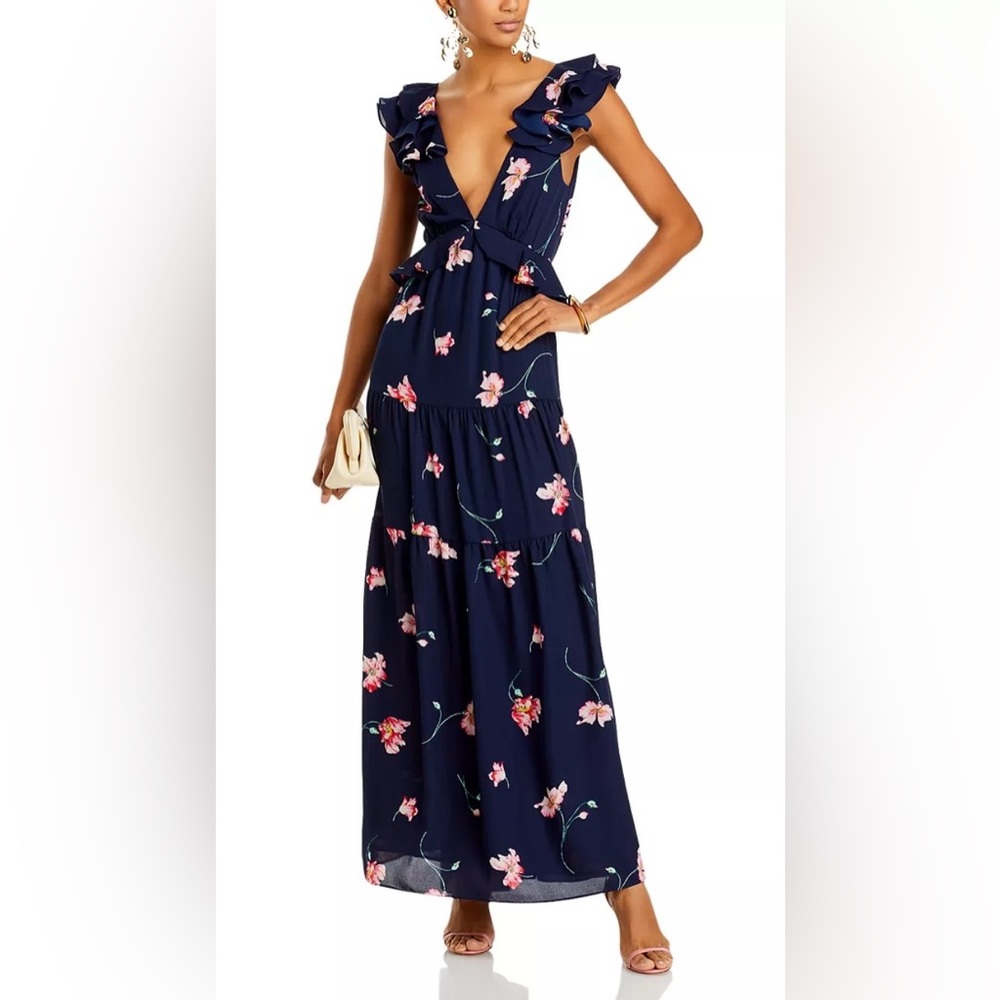 Aqua Ruffled Sleeve Tiered Maxi Navy Pink Floral Deep V Neck sl Dress size XS